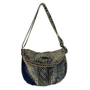 Vintage 80s Shane Acid Wash Denim Crossbody Bag Quilted Detail Adjustable Strap